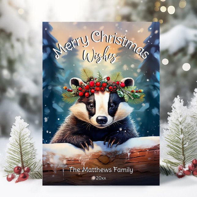Niedlich frohe Weihnachten wünscht Waldwald Badger (Adorable Winter Snowy Scene With Peeking Dogs or Farm/Woodland Animals - Over 50 to Choose From!)