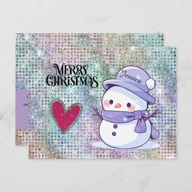 Niedlich frohe Weihnachts Pastel Snowman Glitzer H Postkarte (Vorne/Hinten)