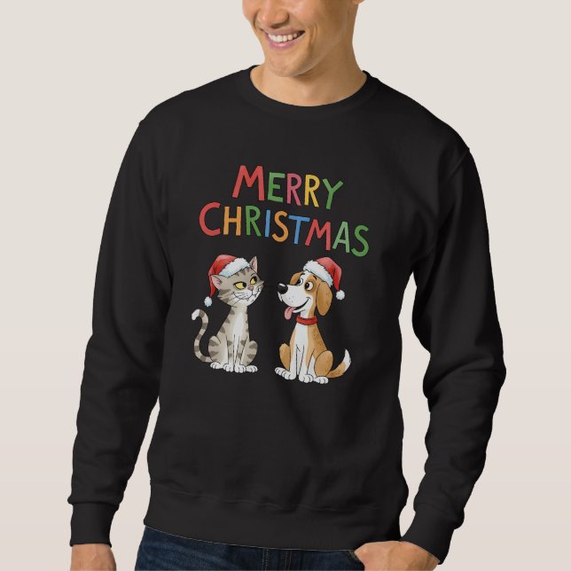 Niedlich frohe Weihnachtskatze und Hund Männer Sweatshirt (Vorderseite)