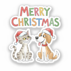 Niedlich frohe Weihnachtskatze und Hund mit Weihna Aufkleber