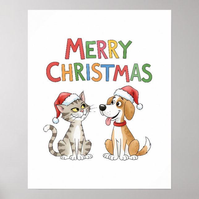 Niedlich frohe Weihnachtskatze und Hund mit Weihna Poster (Vorne)