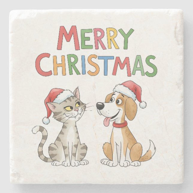 Niedlich frohe Weihnachtskatze und Hund mit Weihna Steinuntersetzer (Vorderseite)