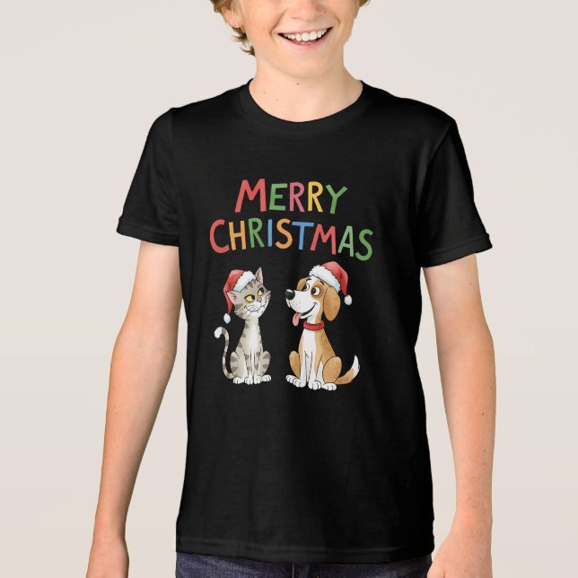 Niedlich frohe Weihnachtskatze und Hund mit Weihna Tri-Blend Shirt (Vorderseite)