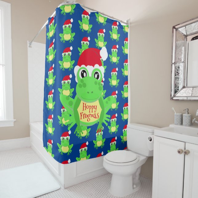 Niedlich Frosch Weihnachtsmannmütze Muster Blau Duschvorhang (Beispiel)