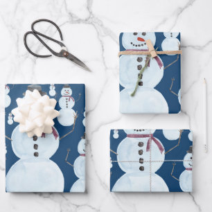 Niedlich Frosty Blue Snowman Wasserfarbmuster Geschenkpapier Set
