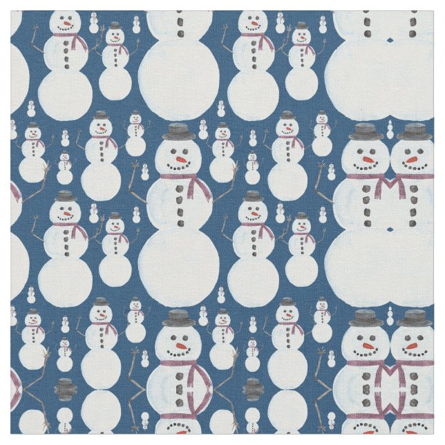 Niedlich Frosty Blue Snowman Wasserfarbmuster Stoff (Nahaufnahme)