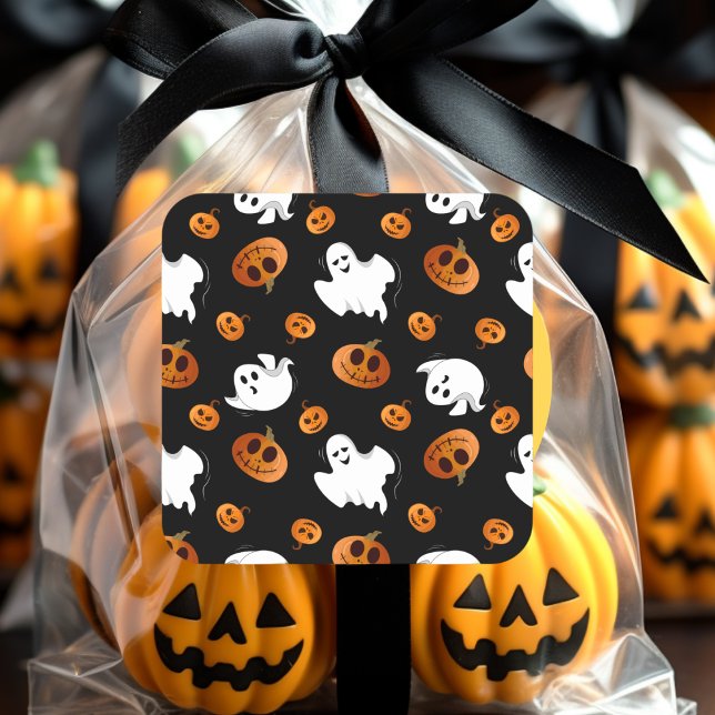 Niedlich Fun Halloween Ghost Pumpkin-Muster Quadratischer Aufkleber (Von Creator hochgeladen)