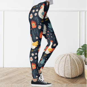 Niedlich Fun Navy Blue Floral Chicken Hen Leggings