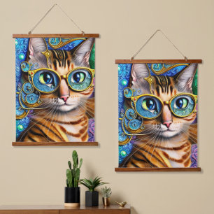 Niedlich Fun Nerd Cat Wearing Brillen Artwork Wandteppich Mit Holzrahmen