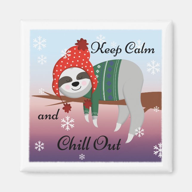 Niedlich Funny Behielt Calm Sloth in Winter Hat &  Magnet (Vorne)