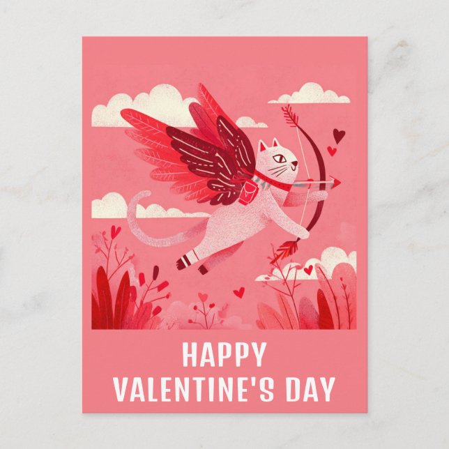 Niedlich Funny Cat Cupid Valentinstag Postkarte (Vorderseite)