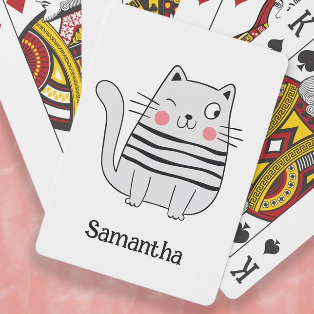 Niedlich Funny Cat Winking Name Monogram Spielkarten (Cute, funny winking cat playing cards. Personalize with your name.)