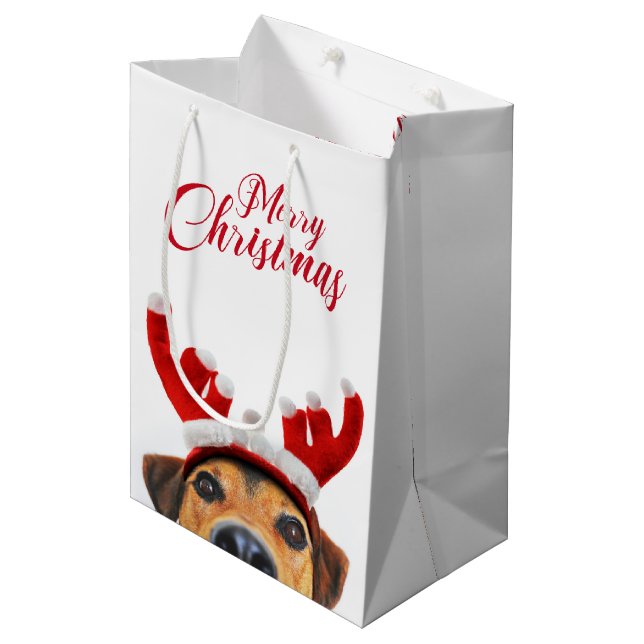 Niedlich Funny Christmas Hund Rentier Antler Headb Mittlere Geschenktüte (Vorderseite Schrägansicht)
