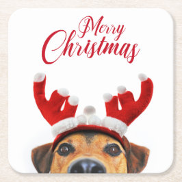 Niedlich Funny Christmas Hund Rentier Antler Headb Rechteckiger Pappuntersetzer