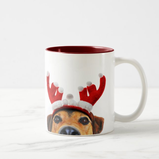 Niedlich Funny Christmas Hund Rentier Antler Headb Zweifarbige Tasse (Rechts)