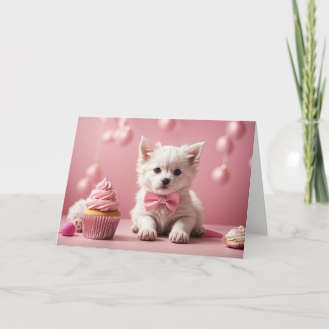 Niedlich Funny Dog Pink Happy Geburtstag Cupcake Karte (Vorderseite)