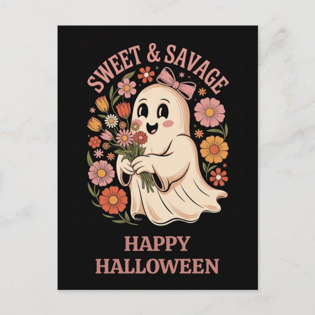 Niedlich Funny Halloween Sweet Savage Floral Ghost Postkarte (Vorderseite)