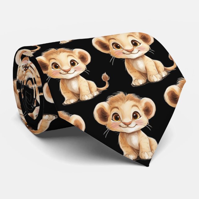 Niedlich Funny lächelnd Lion Cub Black Neck Tie Krawatte (Gerollt)