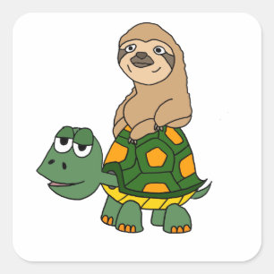 Niedlich Funny Sloth auf Turtle Cartoon Quadratischer Aufkleber