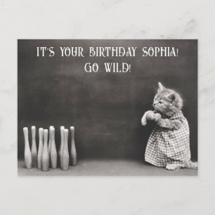 Niedlich Funny Vintag Cat Geburtstag Bowling Postkarte