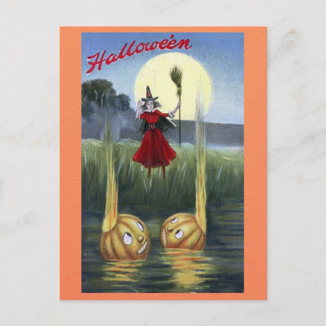 Niedlich Funny Vintag Halloween Hexenkürbis Postkarte (Vorderseite)