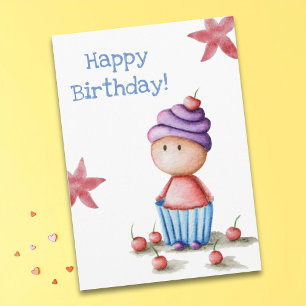 Niedlich Funny Watercolor Cupcake Girl Geburtstag Karte