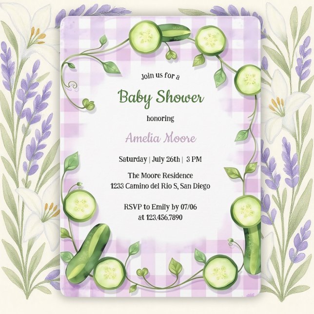 Niedlich Garden Fresh Theme Cucumber Baby Dusche Einladung (Garden Cucumber Baby Shower Invitation – Whimsical & Fresh Design)
