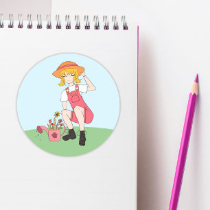 Niedlich Gartenmädchen mit Blume Blond Hair Runder Aufkleber