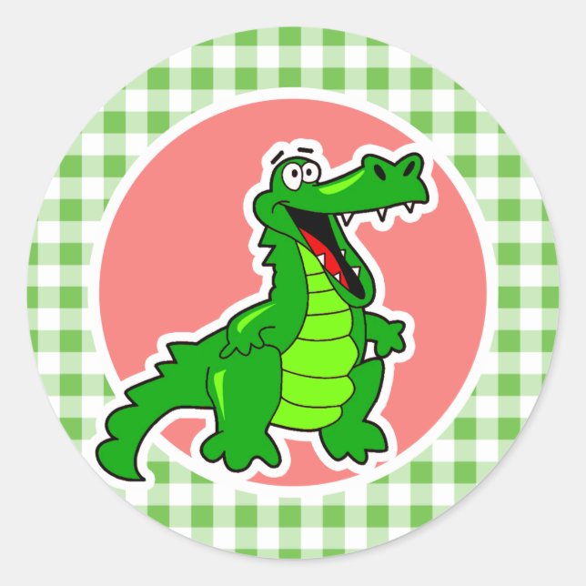 Niedlich Gator; Green Gingham Runder Aufkleber (Vorderseite)