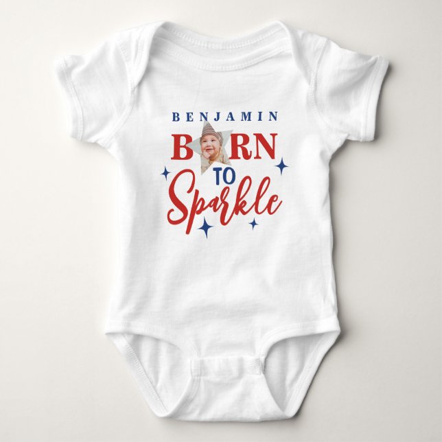 Niedlich Geboren zu sparkred Script Blue Stars Fot Baby Strampler (Vorderseite)