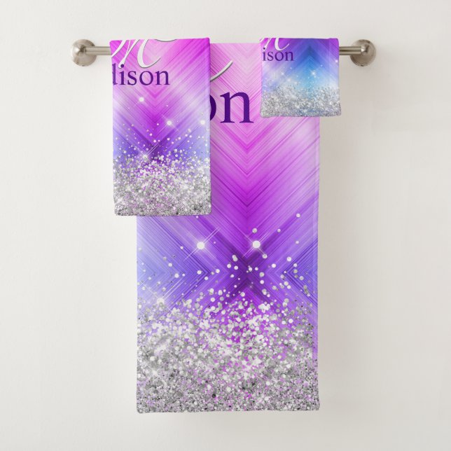 Niedlich gebürstete lila Imitate, silber Glitzer,  Badhandtuch Set (Insitu)
