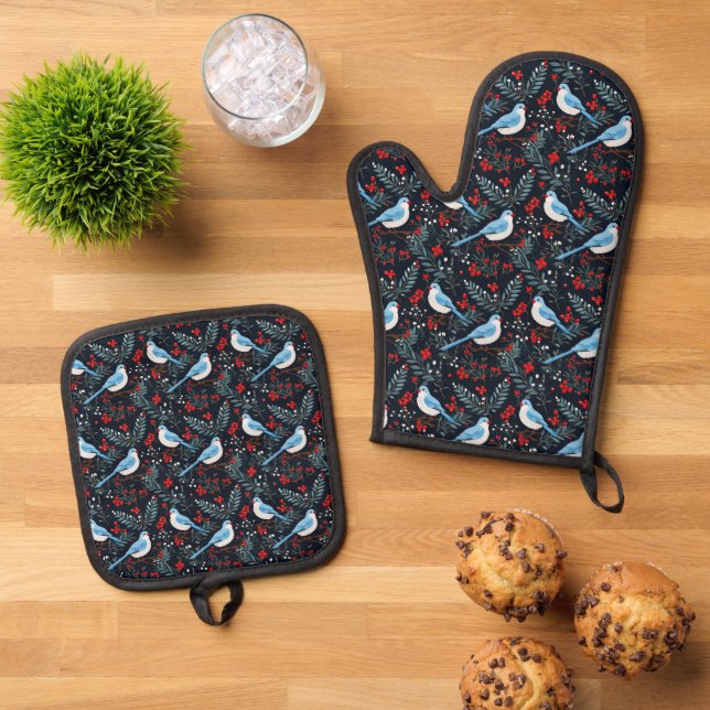 Niedlich geflieste Wintervögel Ofenhandschuh & Topflappen-Set (Oben Unten)