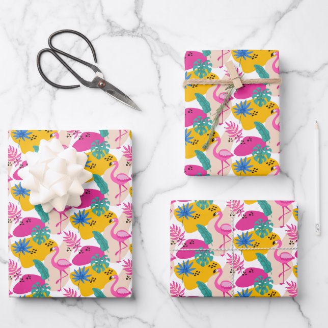 Niedlich gefliestes rosa Flamingo-Party Geschenkpapier Set (Vorderseite)