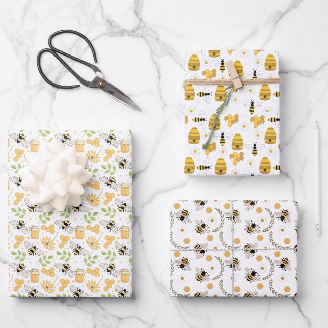 niedlich gekachelte Bienenmuster Party Wrapping Pa Geschenkpapier Set (Vorderseite)