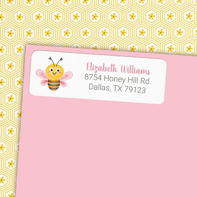 Niedlich-gelb-rosa Bee Baby Dusche Rücksendeadress (A cute mama to bee baby shower address label. Personalize it with your info.)