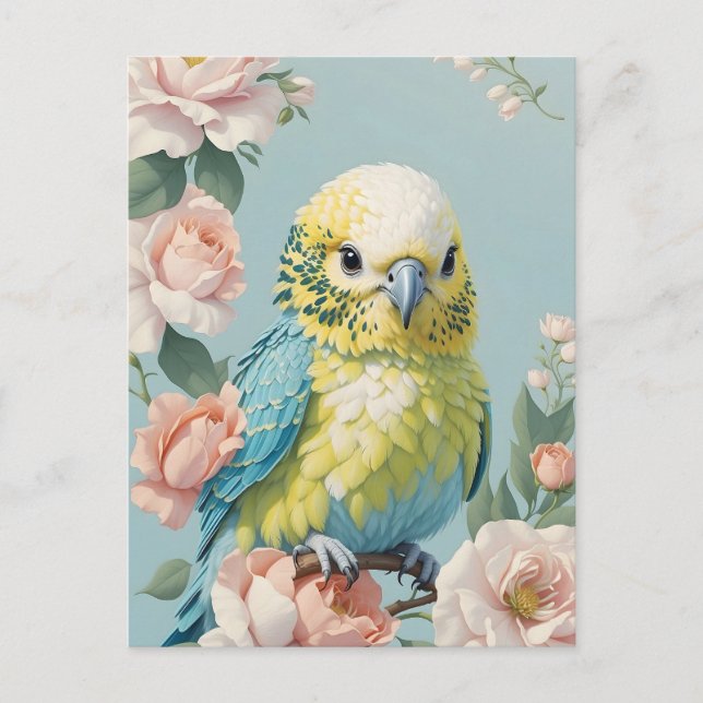 Niedlich Gelb und Blau Budgie Parakeet Bird Postkarte (Vorderseite)