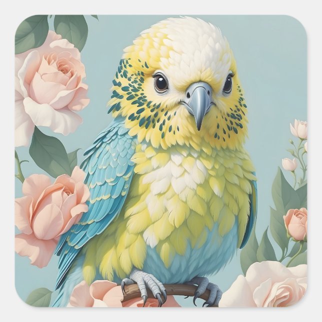 Niedlich Gelb und Blau Budgie Parakeet Bird Quadratischer Aufkleber (Vorderseite)