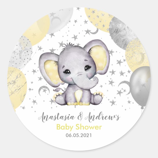 Niedlich-Gelbe Babydusche Elephant Balloons Runder Aufkleber (Vorderseite)