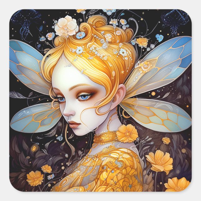 Niedlich Gelbe Märchen Fantasy Art Quadratischer Aufkleber (Vorderseite)