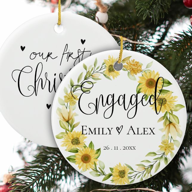 Niedlich Gelbe Sonnenblume Verlobt Unsere ersten W Keramik Ornament (Cute Yellow Sunflower Engaged Our First Christmas Ceramic Ornament)