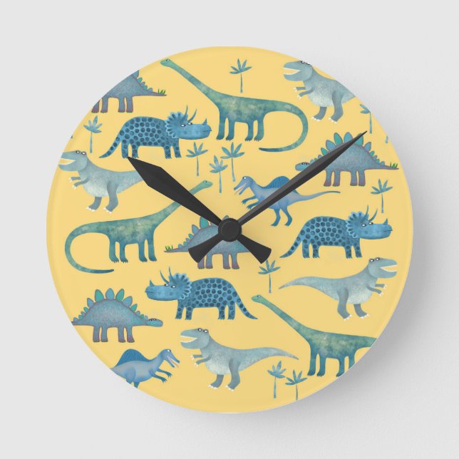 Niedlich Gelbe und Blaue Dinosaurier Runde Wanduhr (Vorderseite)