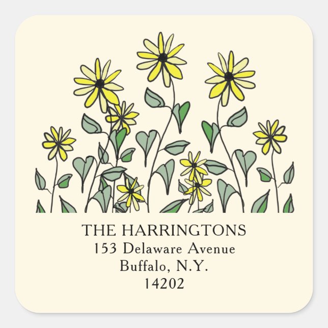 Niedlich Gelbe Wildblumen Fun Square Rücksendeadre Quadratischer Aufkleber (Vorderseite)