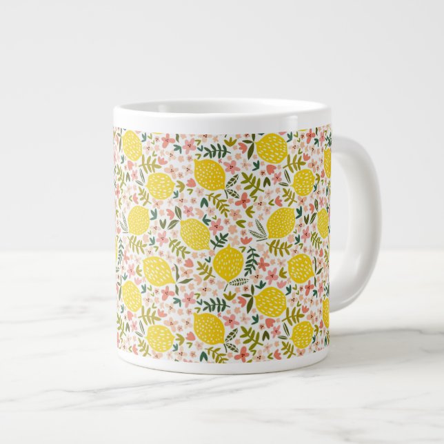 Niedlich Gelbe Zitronen Moderne rosa Blüten Jumbo-Tasse (Vorderseite Rechts)