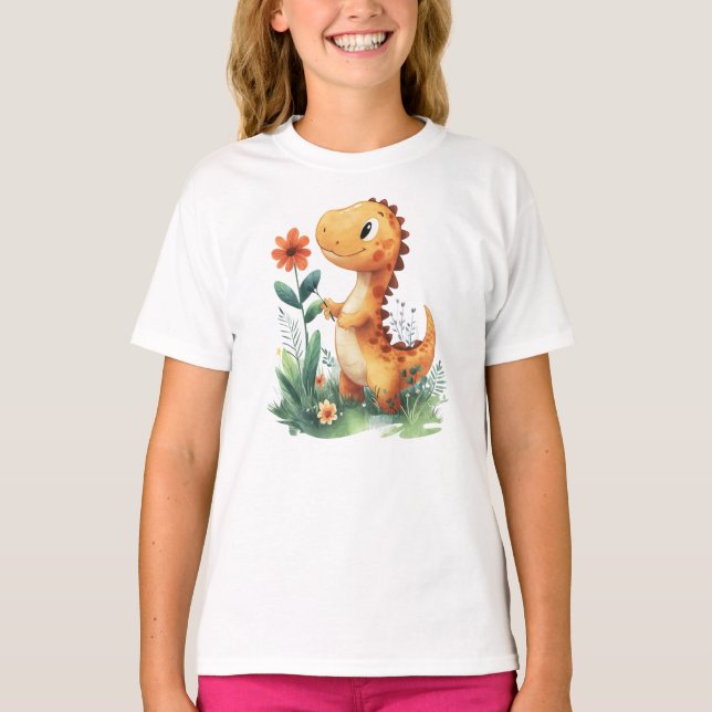 Niedlich Gelber Dinosaurier Holen einer Blume T-Shirt (Vorderseite)