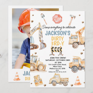 Niedlich-Gelbes Foto Bau Schmuck 3er Geburtstag Einladung