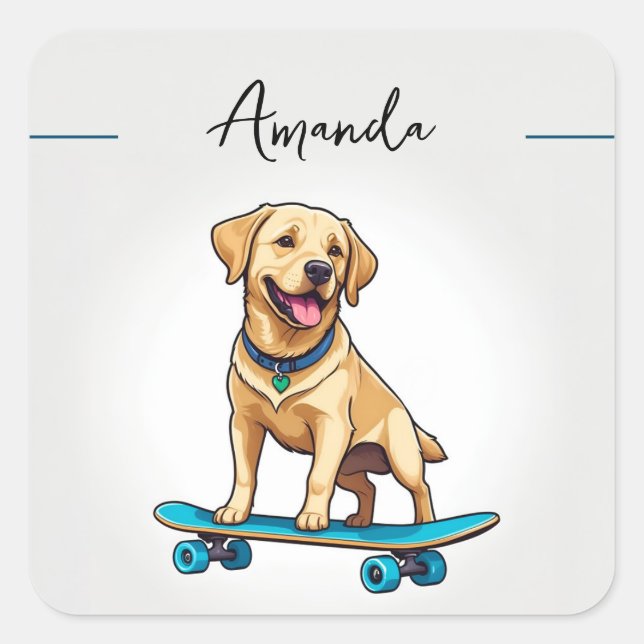Niedlich-Gelbes Labrador-Welpe auf Skateboard Quadratischer Aufkleber (Vorderseite)