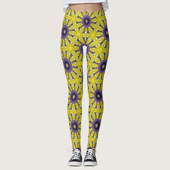 Niedlich-Gelbes Lila Kaleidoskop Geometrisches Mus Leggings (Vorderseite)