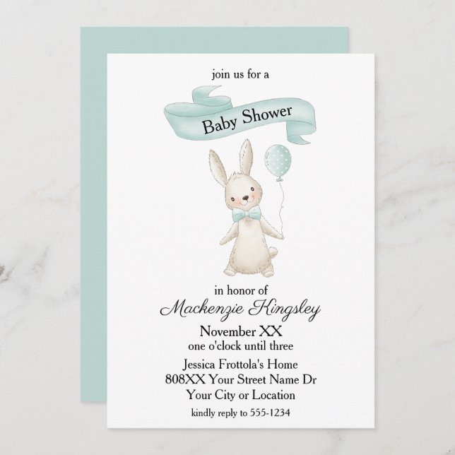 Niedlich gepolstertes Bunny mit Aquamariner Balloo Einladung (Vorne/Hinten)
