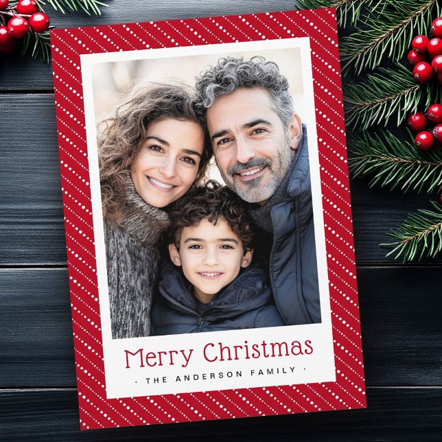 Niedlich gepunktete Streifen frohe Weihnachtsgebäc Feiertagskarte (Cute dotted stripes merry Christmas photo red Holiday Card)