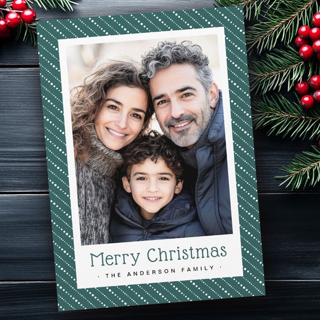 Niedlich gepunktete Streifen frohe Weihnachtsgrün  Feiertagskarte (Cute dotted stripes merry Christmas photo green Holiday Card)